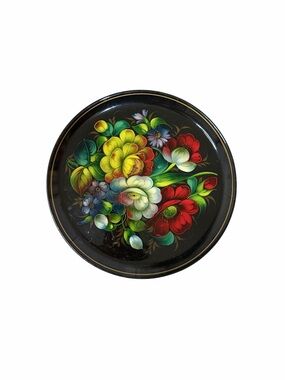 Vintage Metal Tray Zhostovo Hand Painted Black Floral Wall Folk Art USSR 1970’s